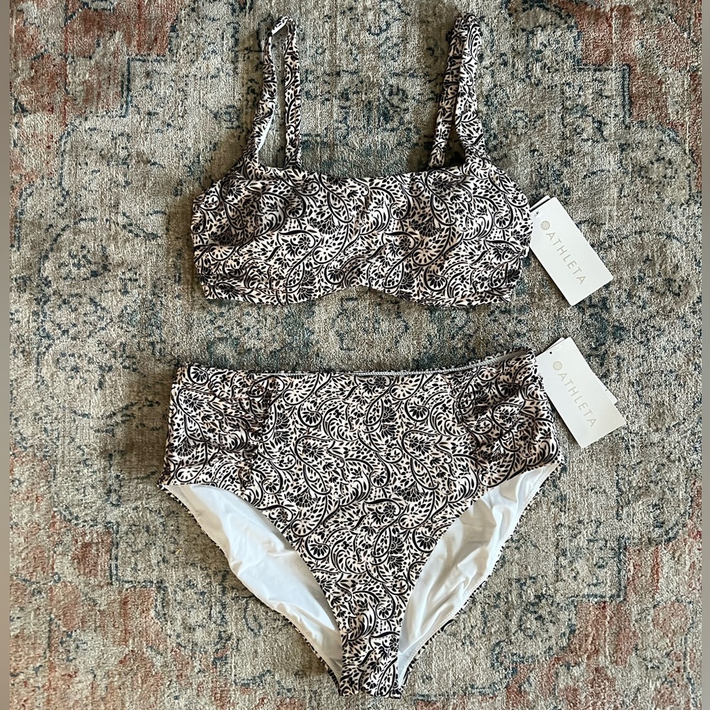 Athleta Aqualuxe batik print two piece bikini 36D/DD top, XL hi waist bottoms